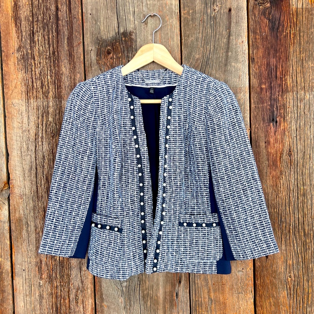 White Black Tweed Blazer with Pearl Details